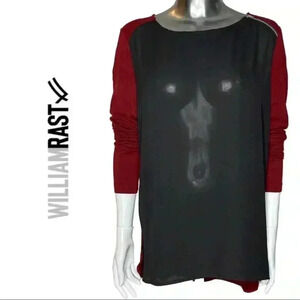 William Rast Top Black Red Knit Sleeves & Back Zipper Neck Medium